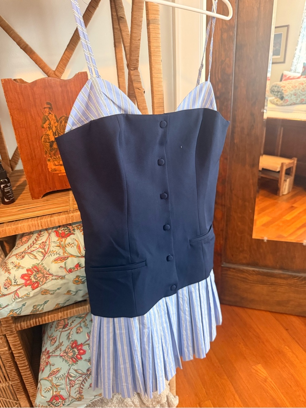 Maeve Navy Bodice with Light Blue Striped Pleated Skirt Mini Dress